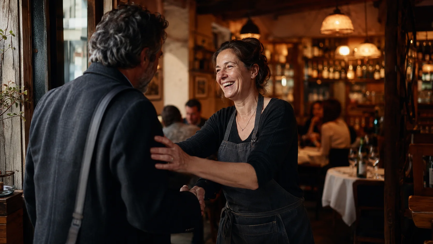 Cliente recurrente regresando a un restaurante tras recibir un mensaje de reactivación basado en su última visita y sus preferencias